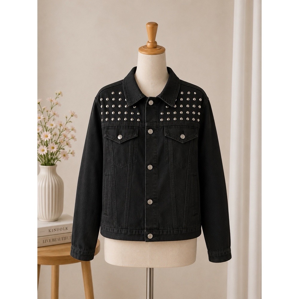 Madden Girl Womens Studded Denim Boyfriend Jacket Black Small NEW